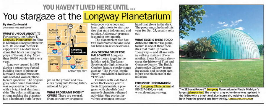 Longway Planetarium - Sept 2013 Article